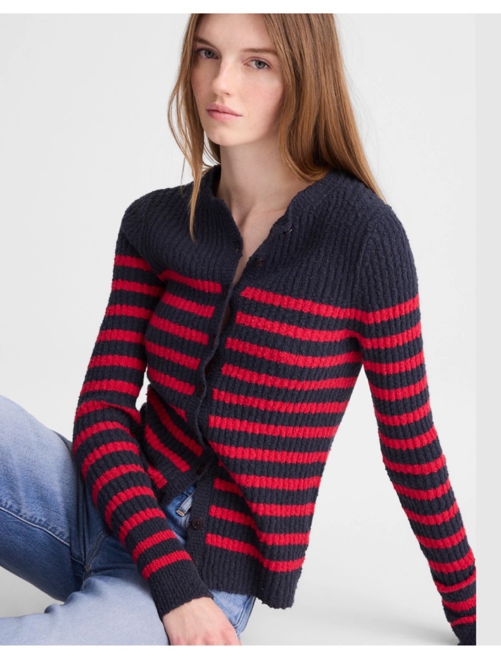 NWT Madewell Striped Boucle Knit Cardigan Sweater Women L Red & Navy